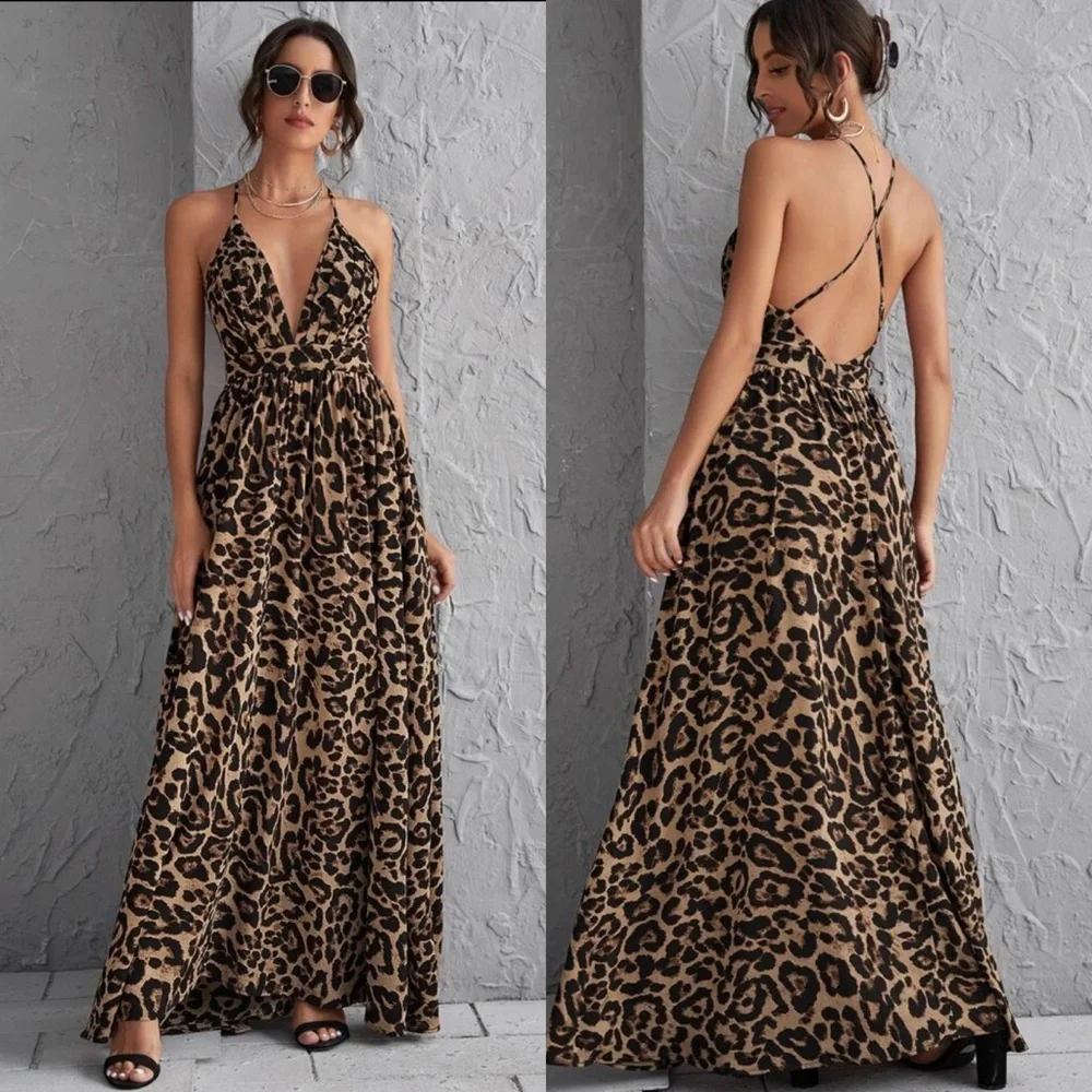 Crisscross open back maxi dress v neck floral print boho bridesmaid pink - Picture 2 of 3
